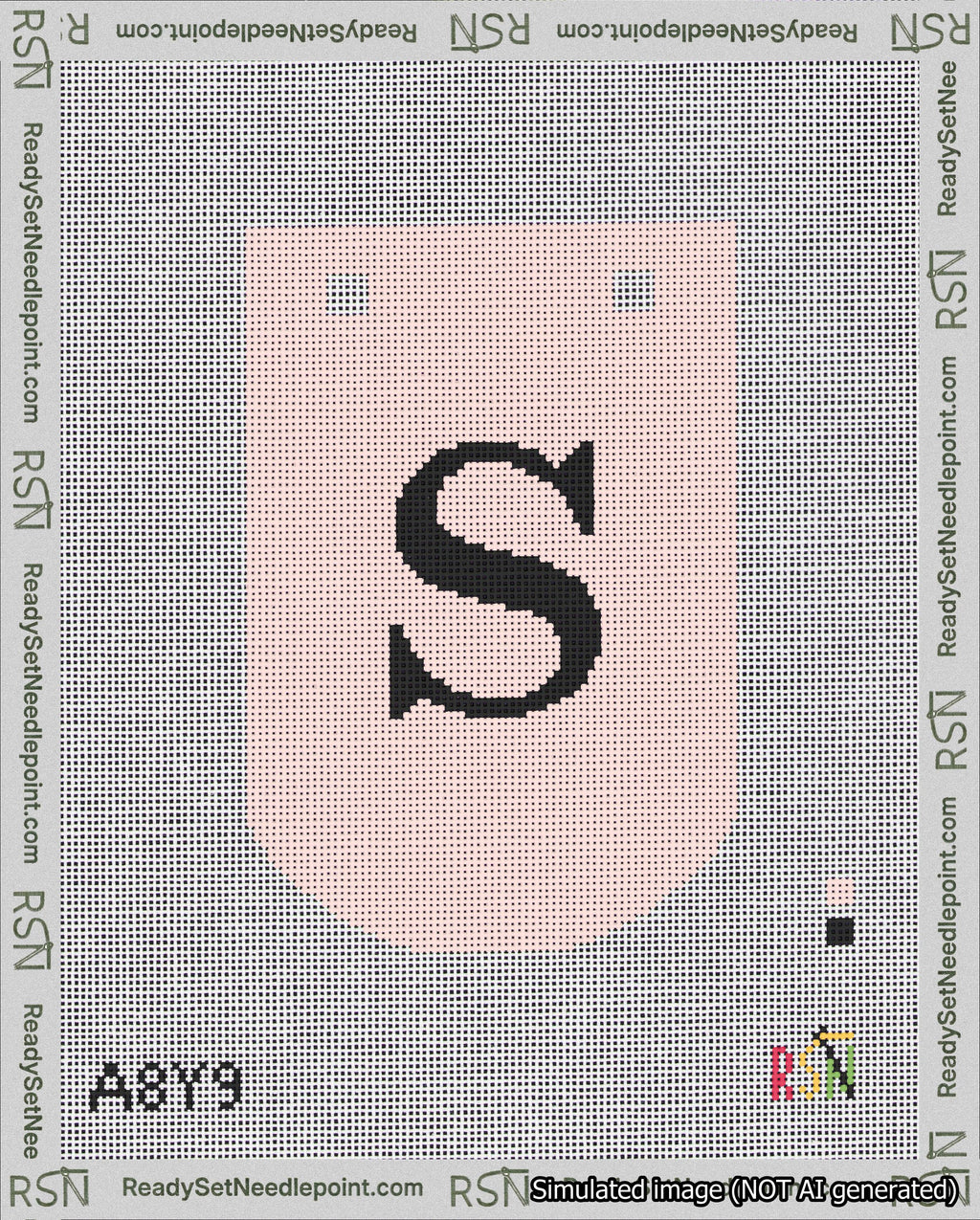A taped needlepoint canvas with the design: Banner 18 mesh count Curved S Black on Pink.