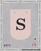 A taped needlepoint canvas with the design: Banner 18 mesh count Curved S Black on Pink.