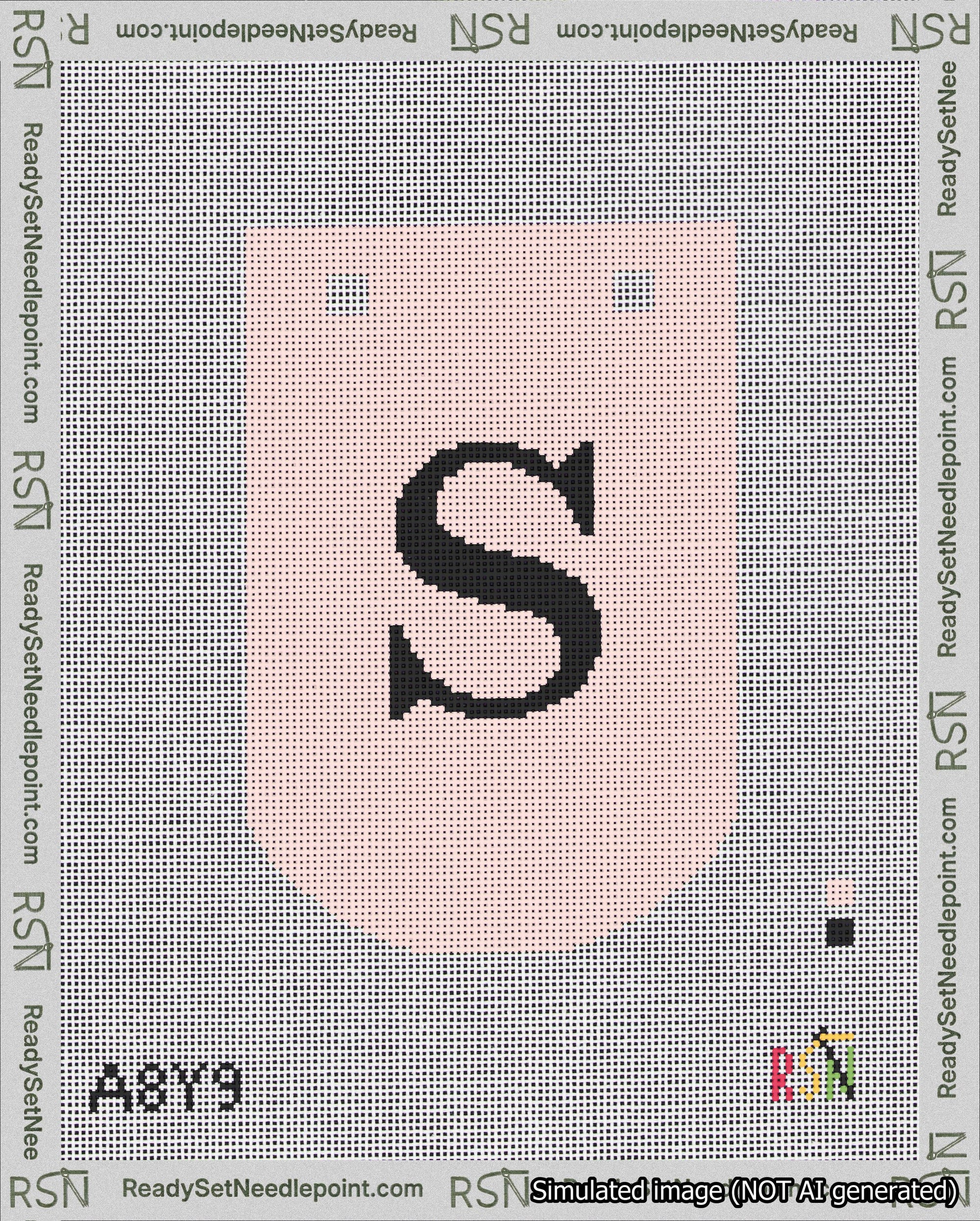 A taped needlepoint canvas with the design: Banner 18 mesh count Curved S Black on Pink.