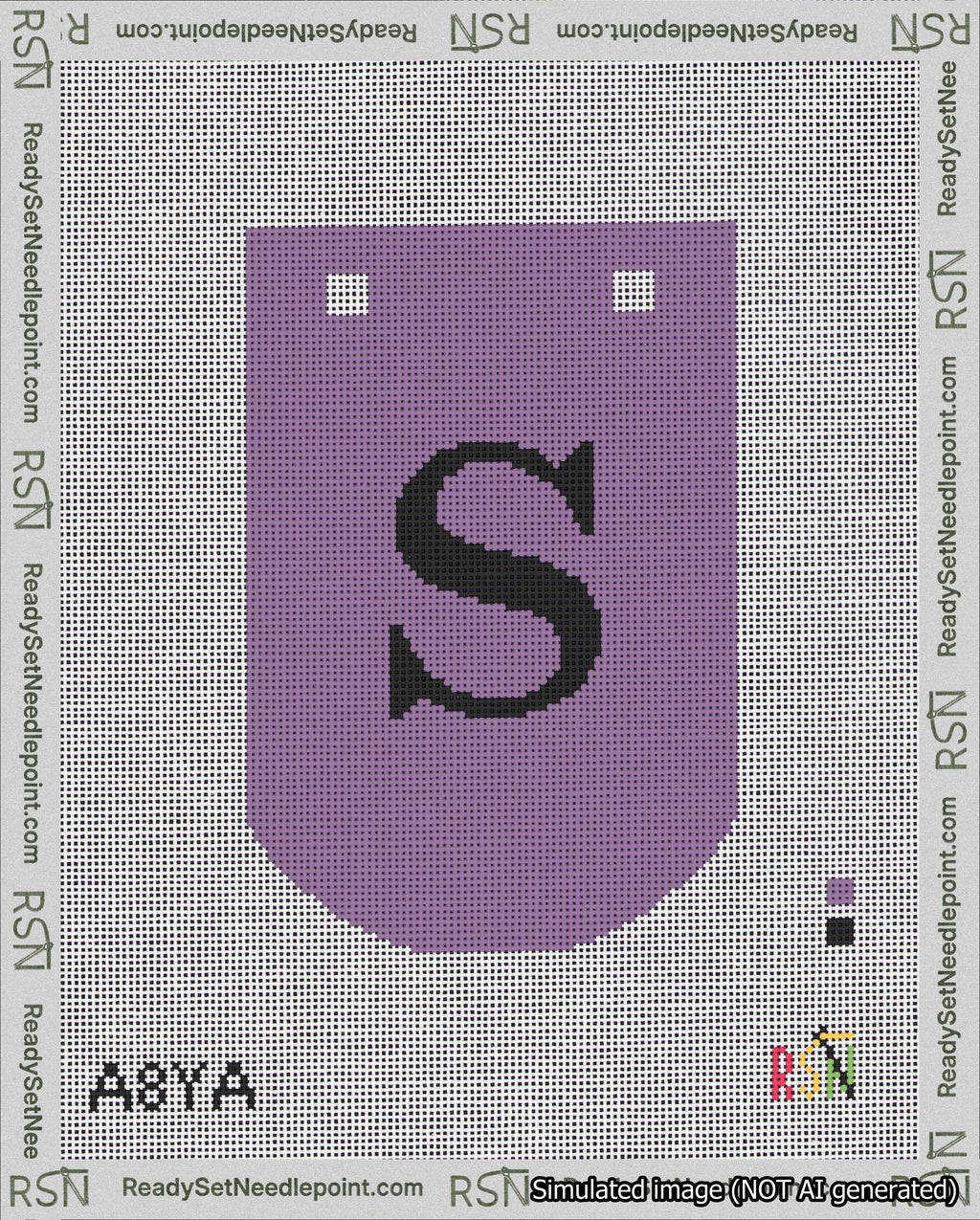 A taped needlepoint canvas with the design: Banner 18 mesh count Curved S Black on Purple.