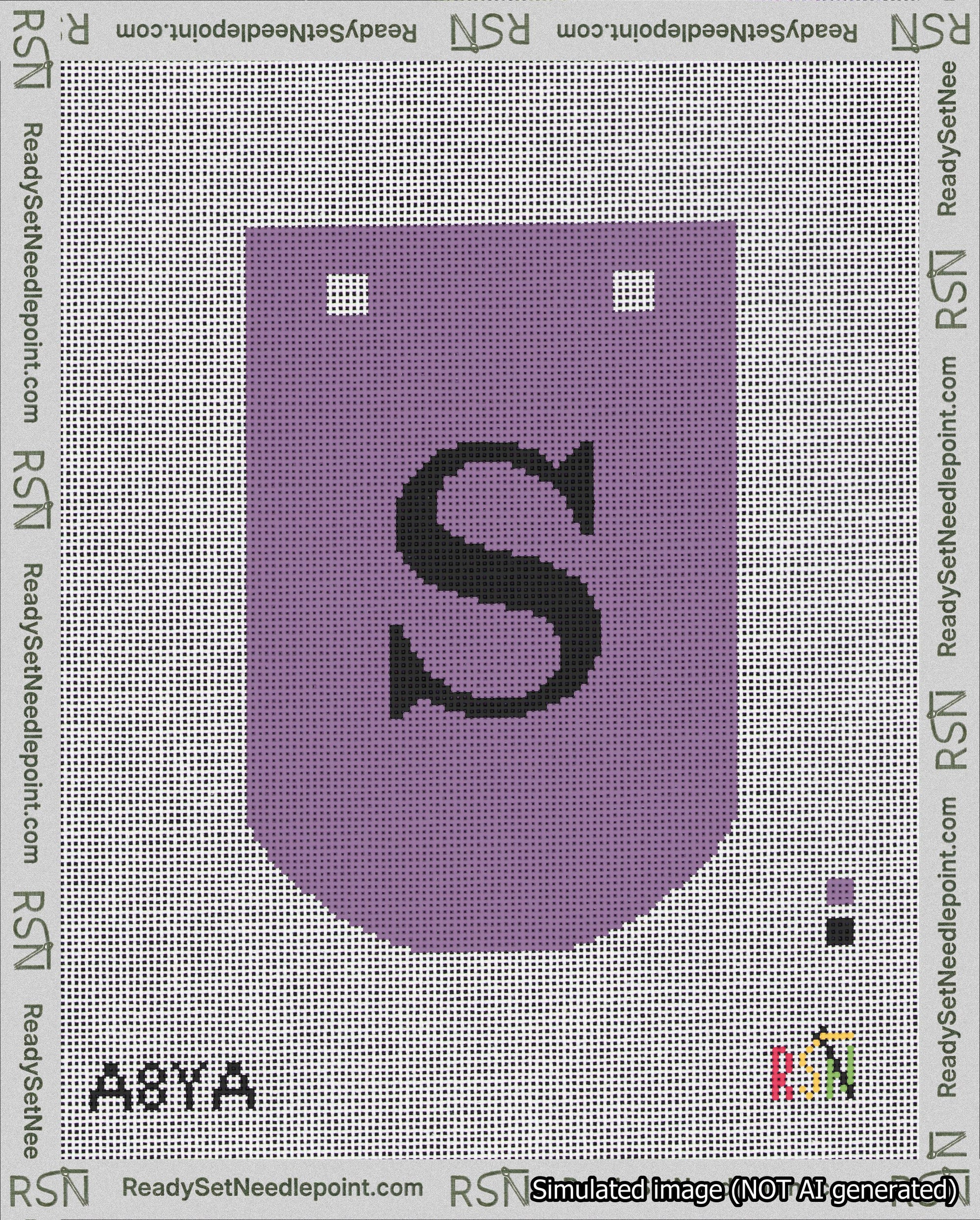 A taped needlepoint canvas with the design: Banner 18 mesh count Curved S Black on Purple.