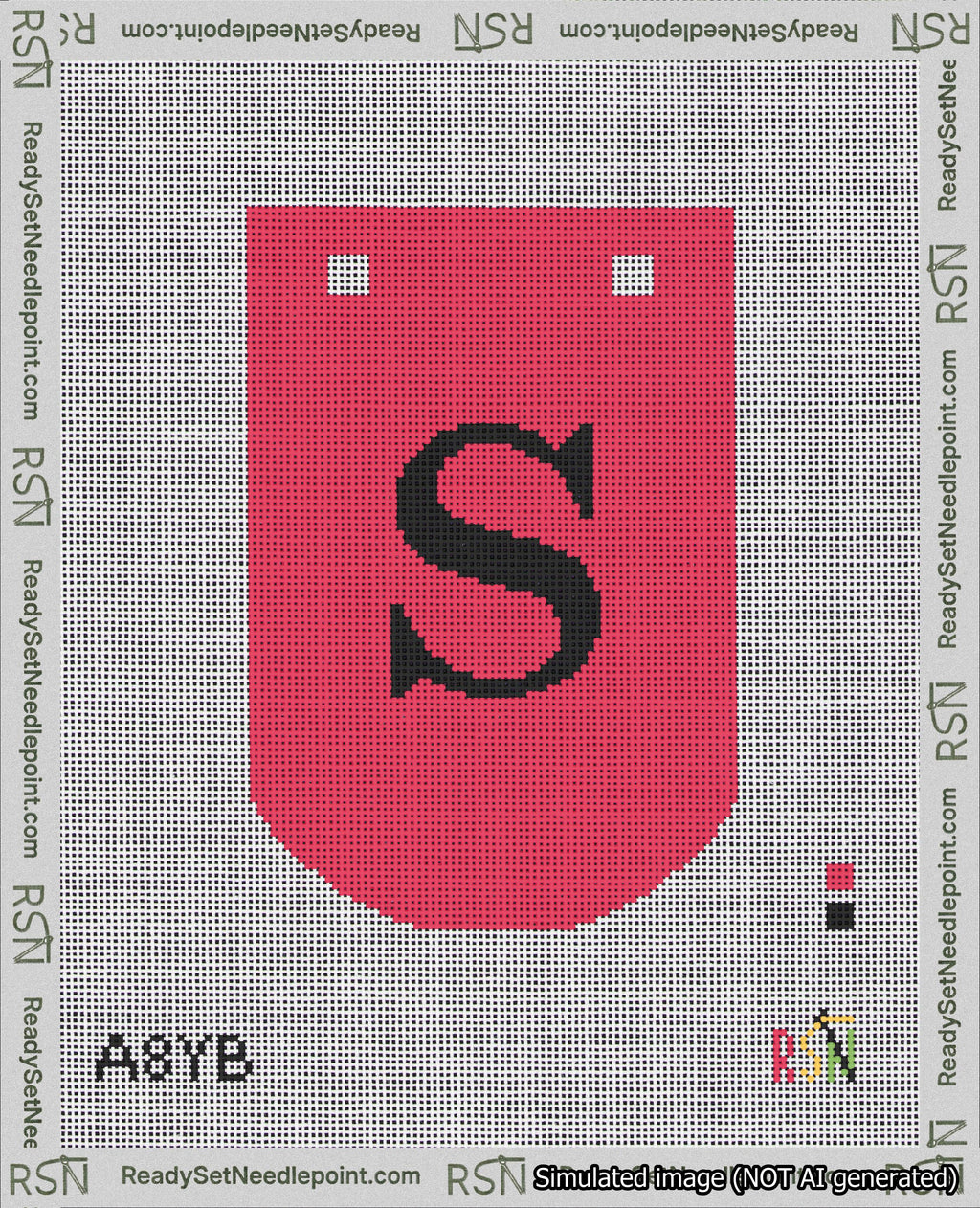A taped needlepoint canvas with the design: Banner 18 mesh count Curved S Black on Red.