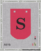 A taped needlepoint canvas with the design: Banner 18 mesh count Curved S Black on Red.