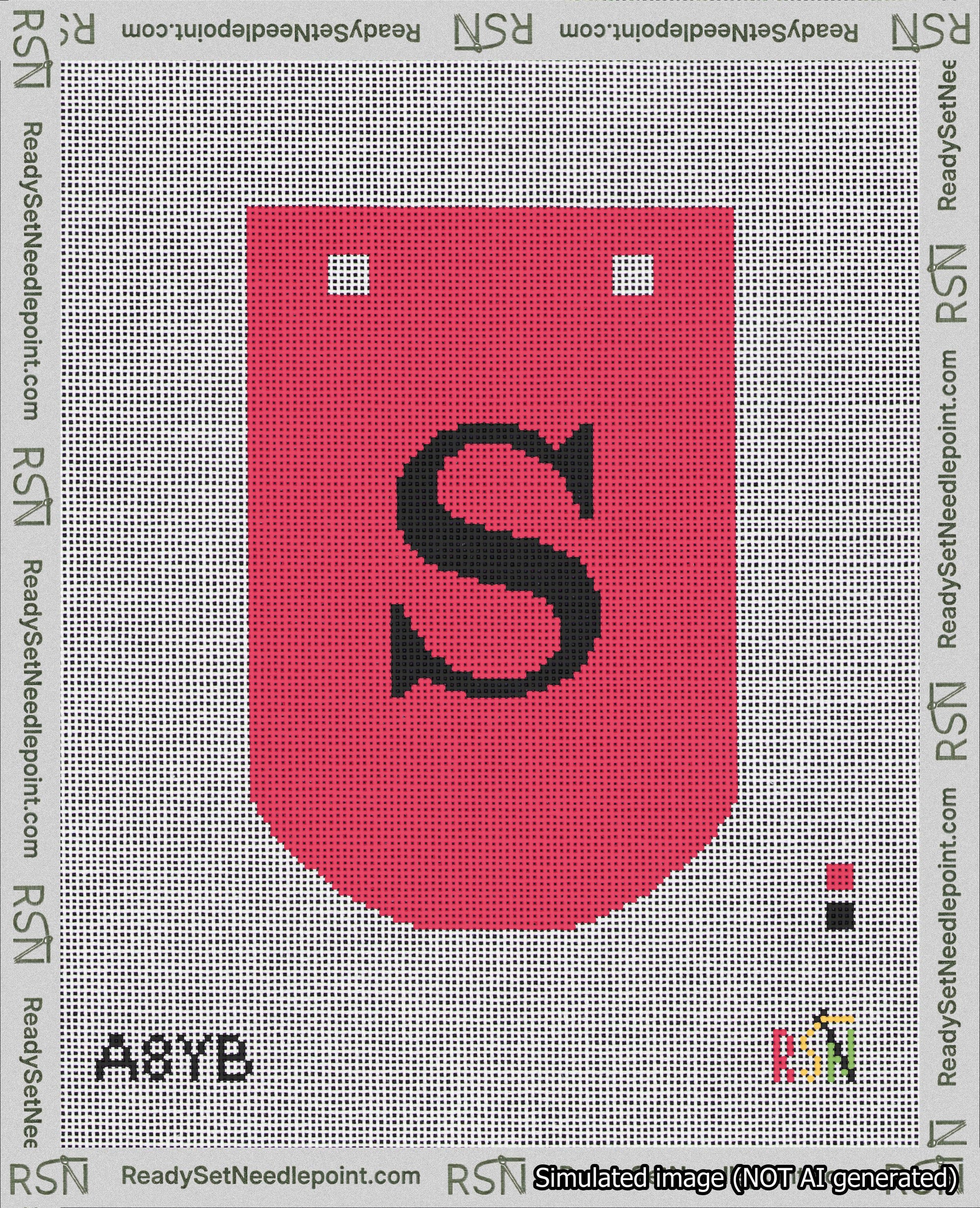 A taped needlepoint canvas with the design: Banner 18 mesh count Curved S Black on Red.
