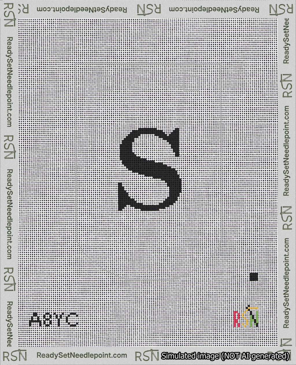 A taped needlepoint canvas with the design: Banner 18 mesh count Curved S Black on White.