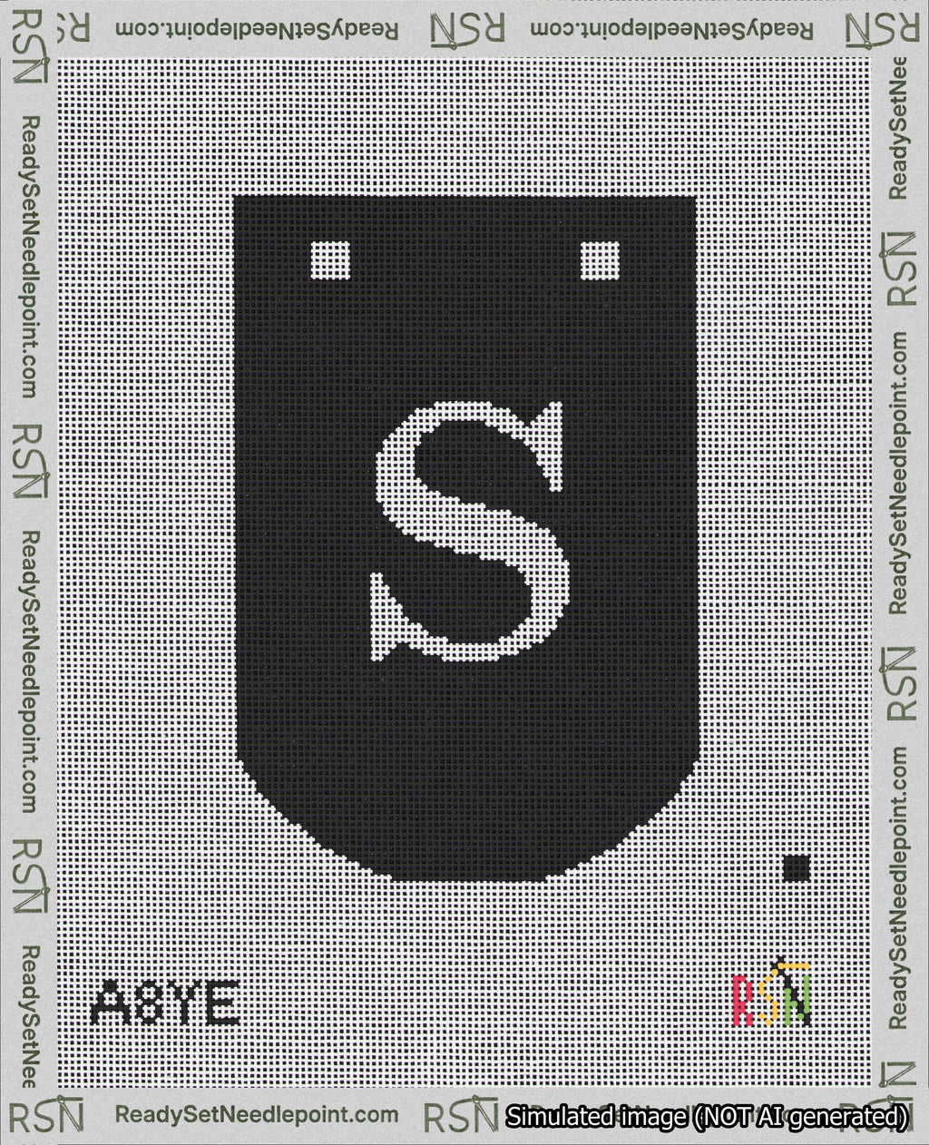 A taped needlepoint canvas with the design: Banner 18 mesh count Curved S White on Black.