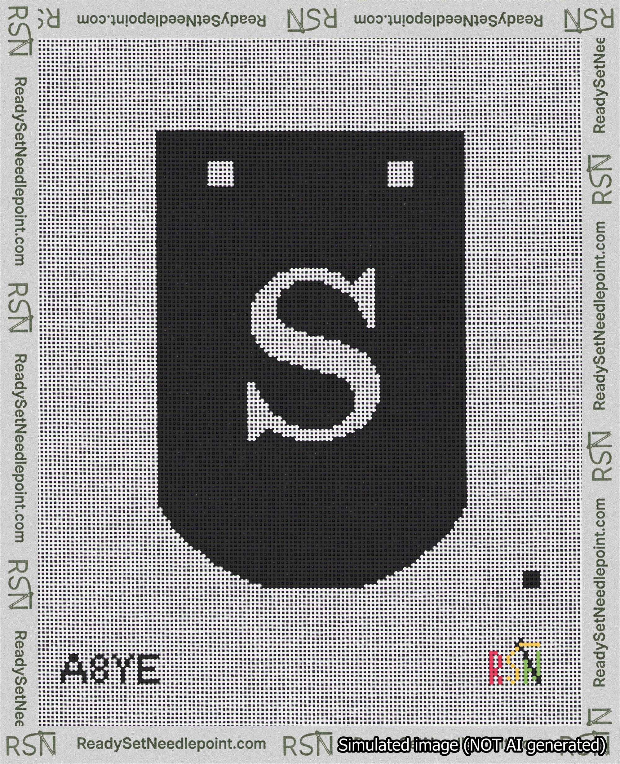 A taped needlepoint canvas with the design: Banner 18 mesh count Curved S White on Black.