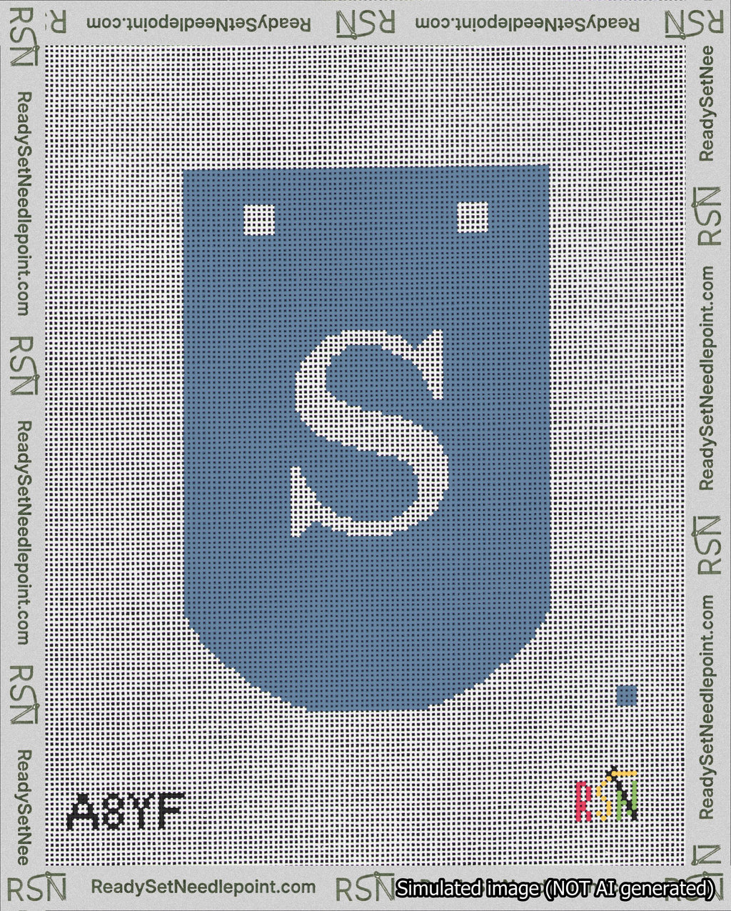 A taped needlepoint canvas with the design: Banner 18 mesh count Curved S White on Blue.