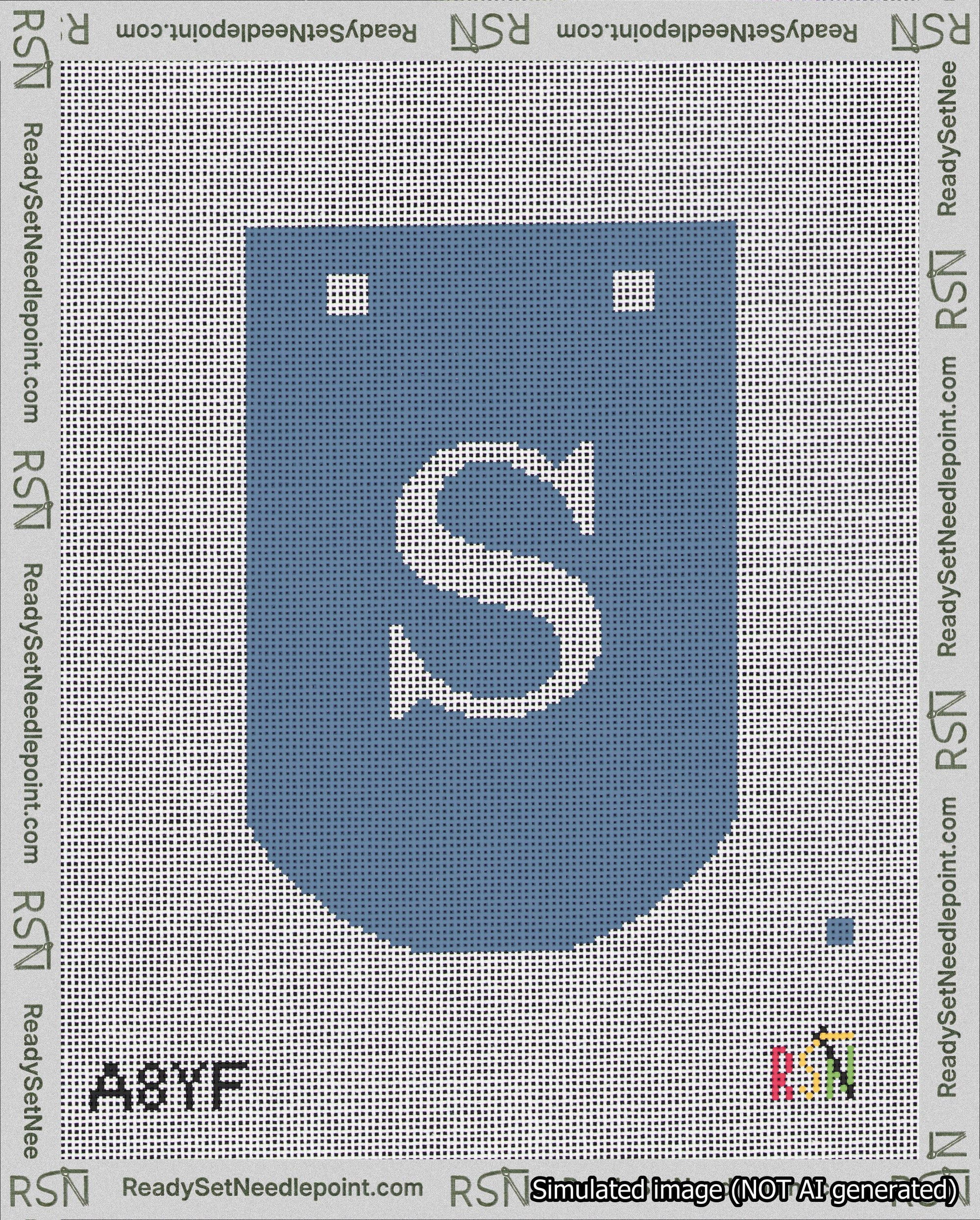 A taped needlepoint canvas with the design: Banner 18 mesh count Curved S White on Blue.