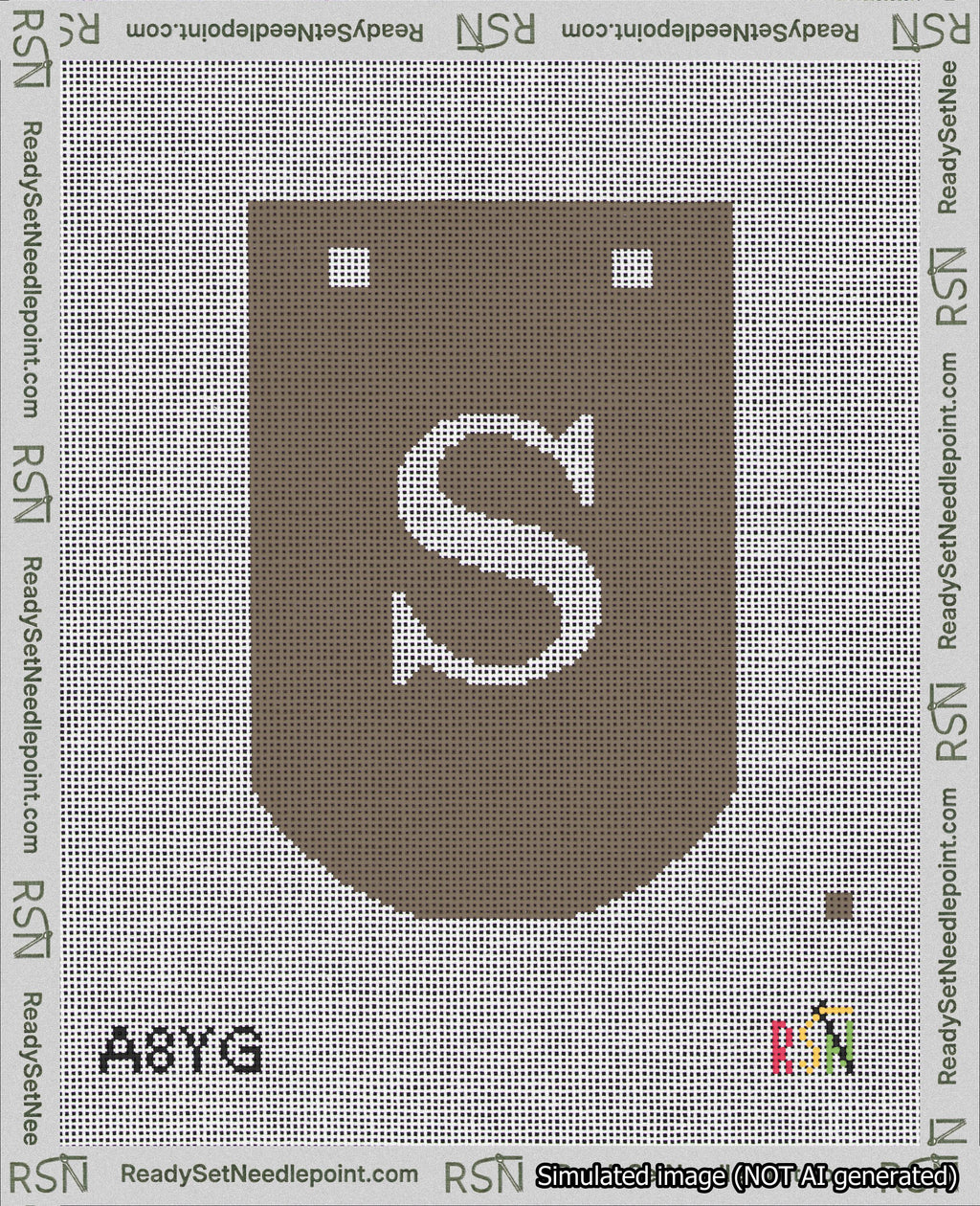 A taped needlepoint canvas with the design: Banner 18 mesh count Curved S White on Brown.