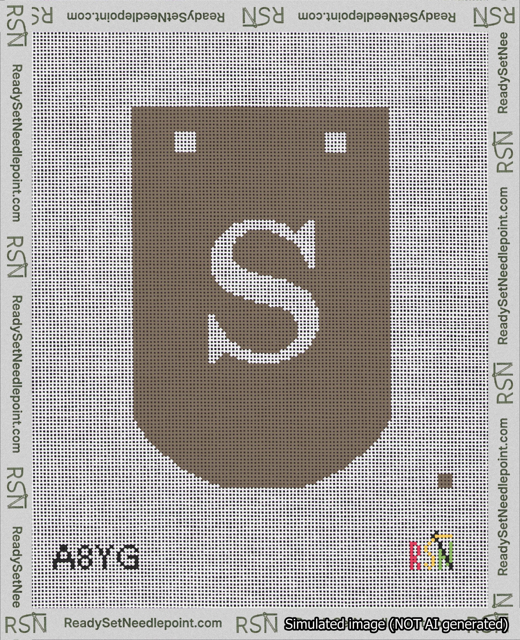 A taped needlepoint canvas with the design: Banner 18 mesh count Curved S White on Brown.