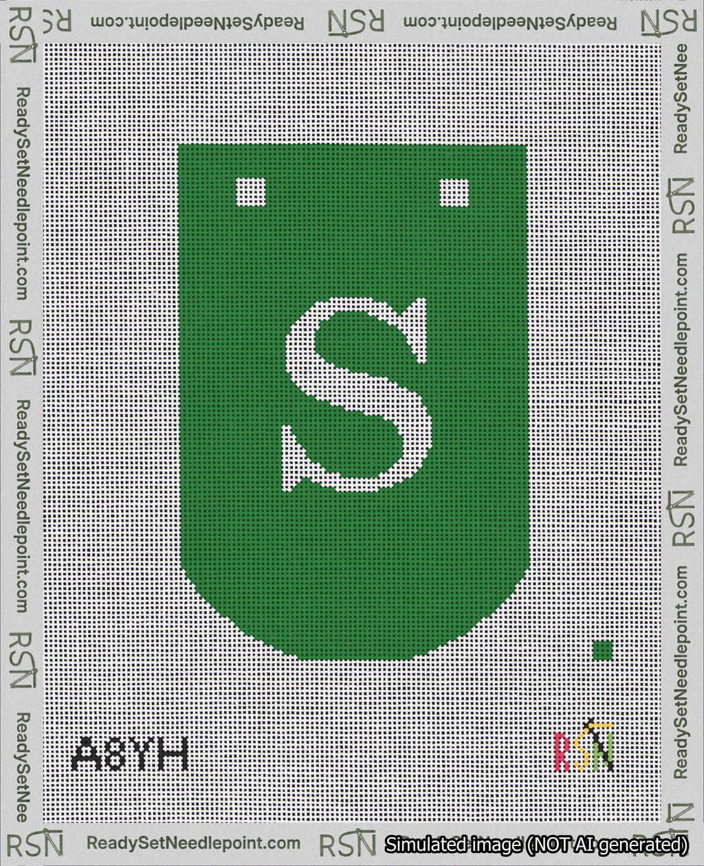A taped needlepoint canvas with the design: Banner 18 mesh count Curved S White on Green.
