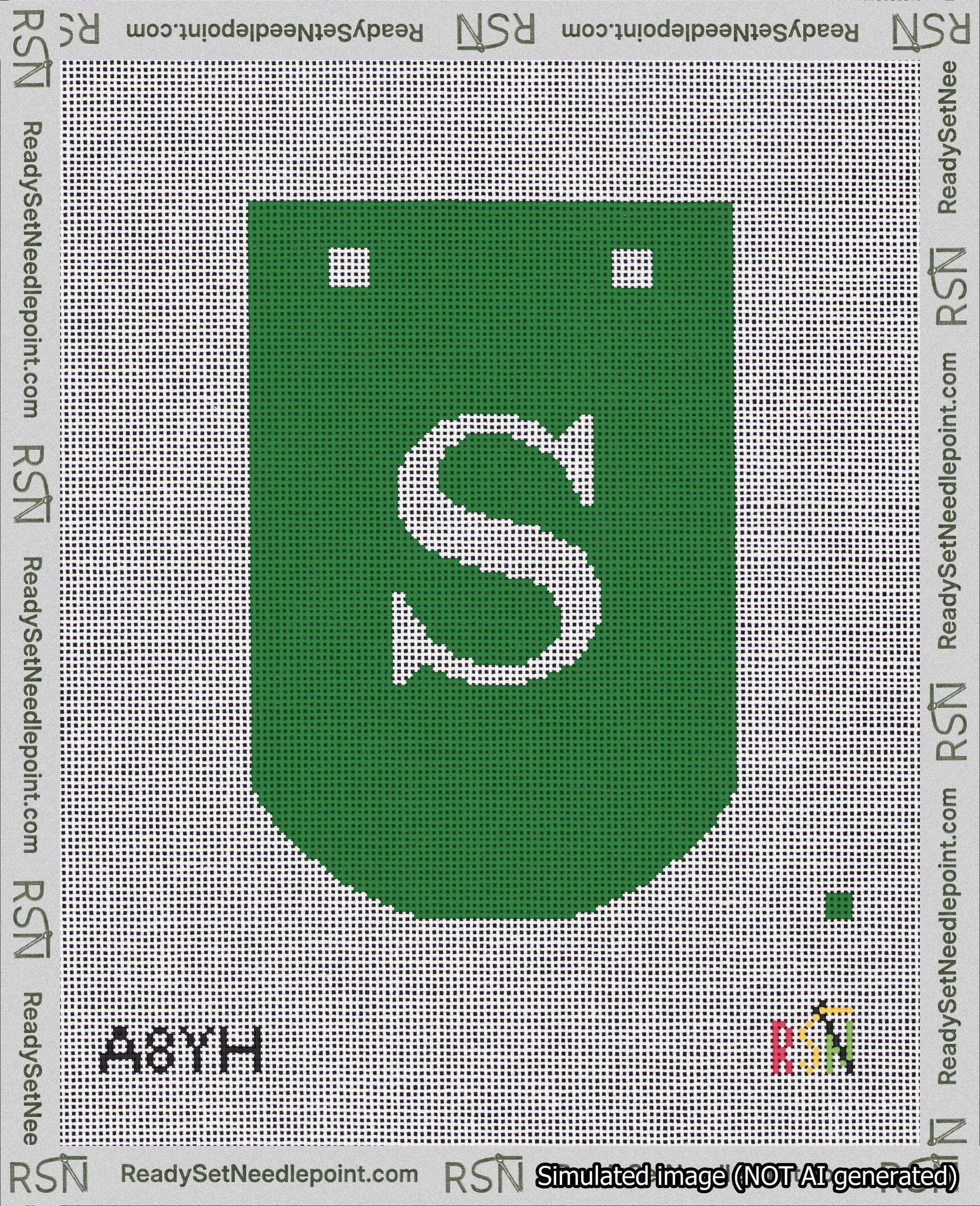 A taped needlepoint canvas with the design: Banner 18 mesh count Curved S White on Green.