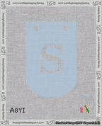 A taped needlepoint canvas with the design: Banner 18 mesh count Curved S White on Light Blue.