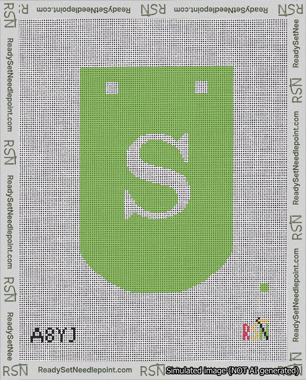 A taped needlepoint canvas with the design: Banner 18 mesh count Curved S White on Light Green.