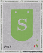 A taped needlepoint canvas with the design: Banner 18 mesh count Curved S White on Light Green.