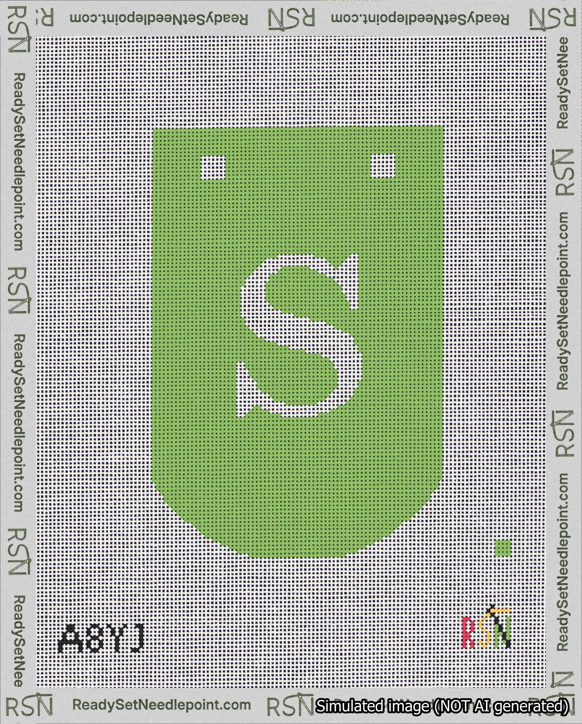 A taped needlepoint canvas with the design: Banner 18 mesh count Curved S White on Light Green.