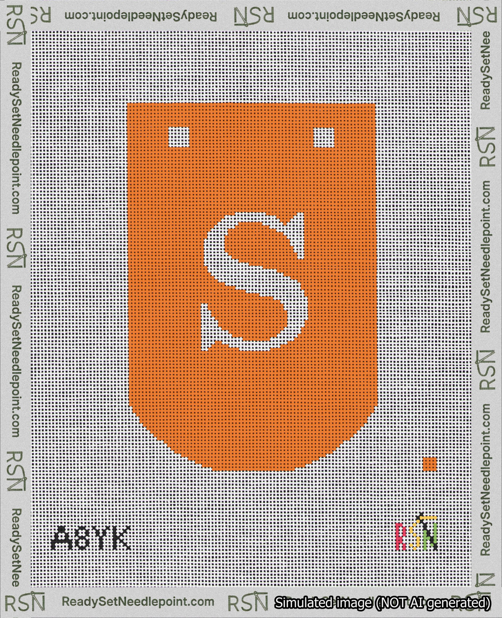 A taped needlepoint canvas with the design: Banner 18 mesh count Curved S White on Orange.