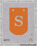 A taped needlepoint canvas with the design: Banner 18 mesh count Curved S White on Orange.