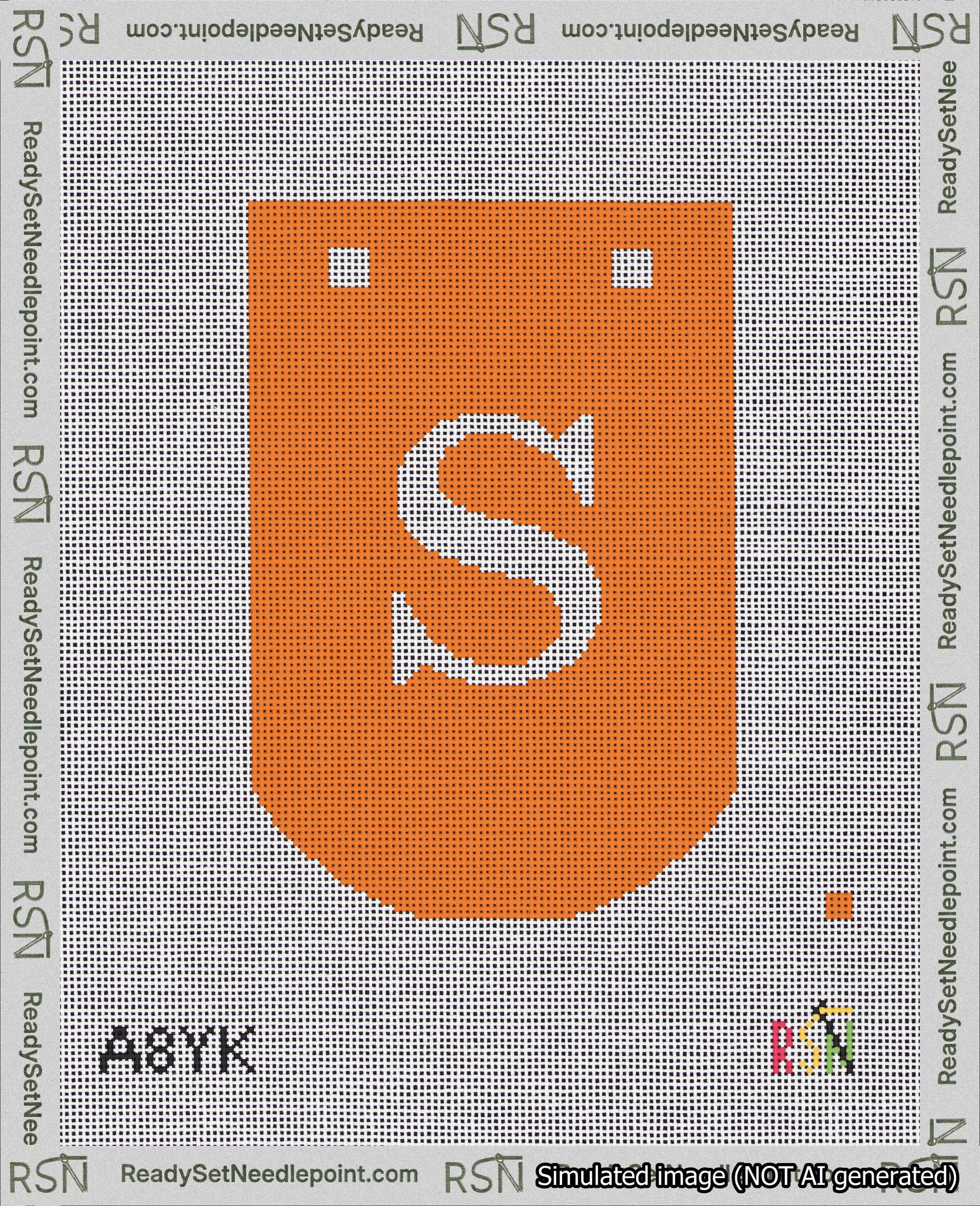 A taped needlepoint canvas with the design: Banner 18 mesh count Curved S White on Orange.