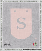 A taped needlepoint canvas with the design: Banner 18 mesh count Curved S White on Pink.