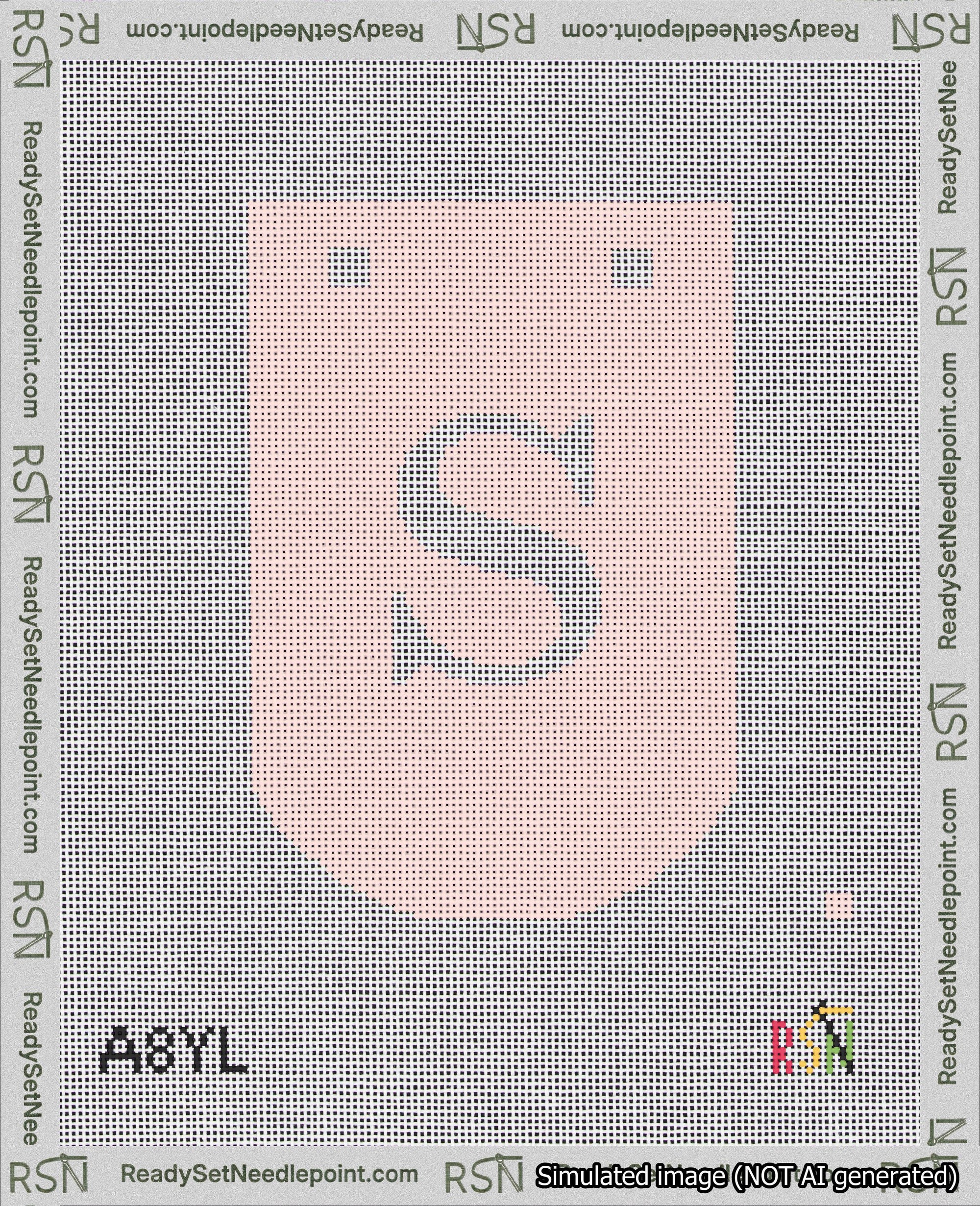 A taped needlepoint canvas with the design: Banner 18 mesh count Curved S White on Pink.