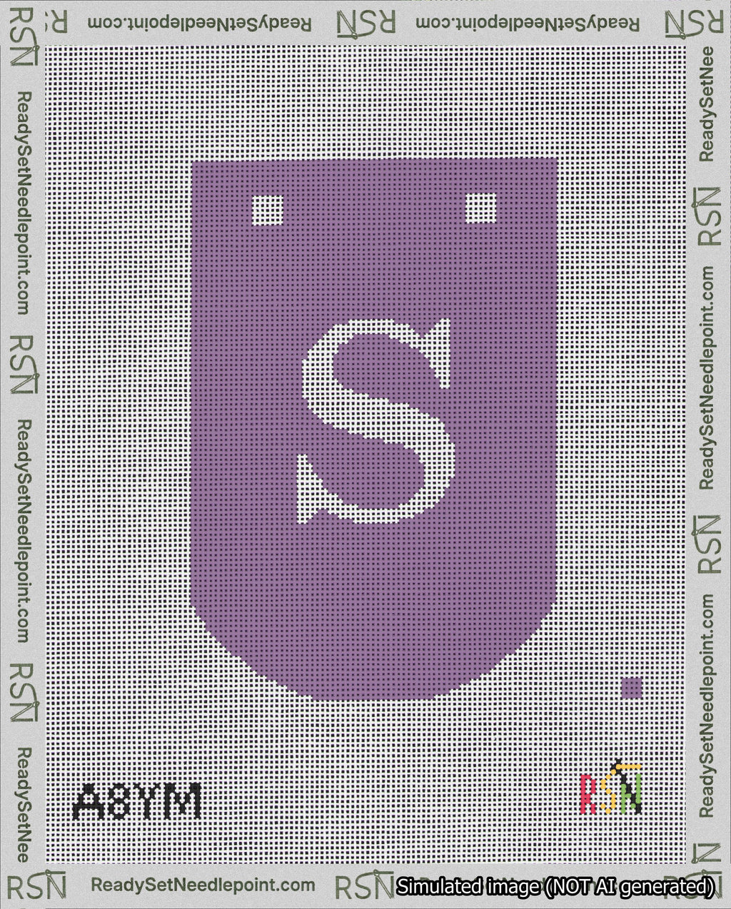 A taped needlepoint canvas with the design: Banner 18 mesh count Curved S White on Purple.