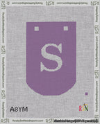 A taped needlepoint canvas with the design: Banner 18 mesh count Curved S White on Purple.