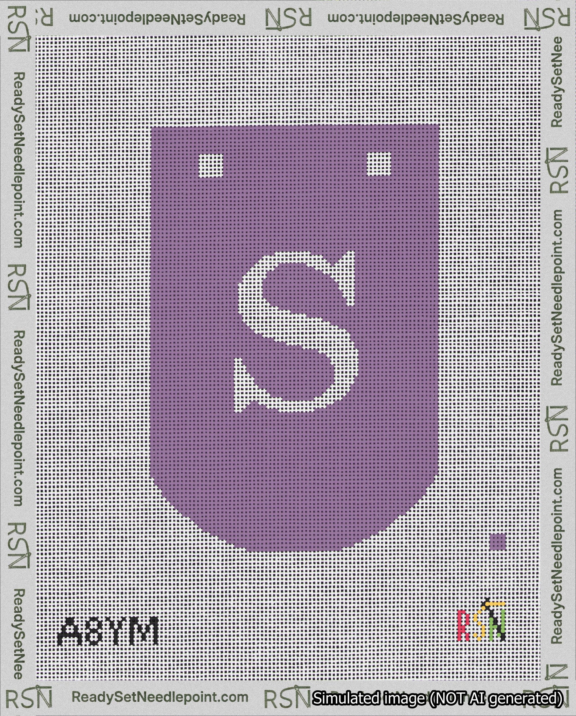 A taped needlepoint canvas with the design: Banner 18 mesh count Curved S White on Purple.