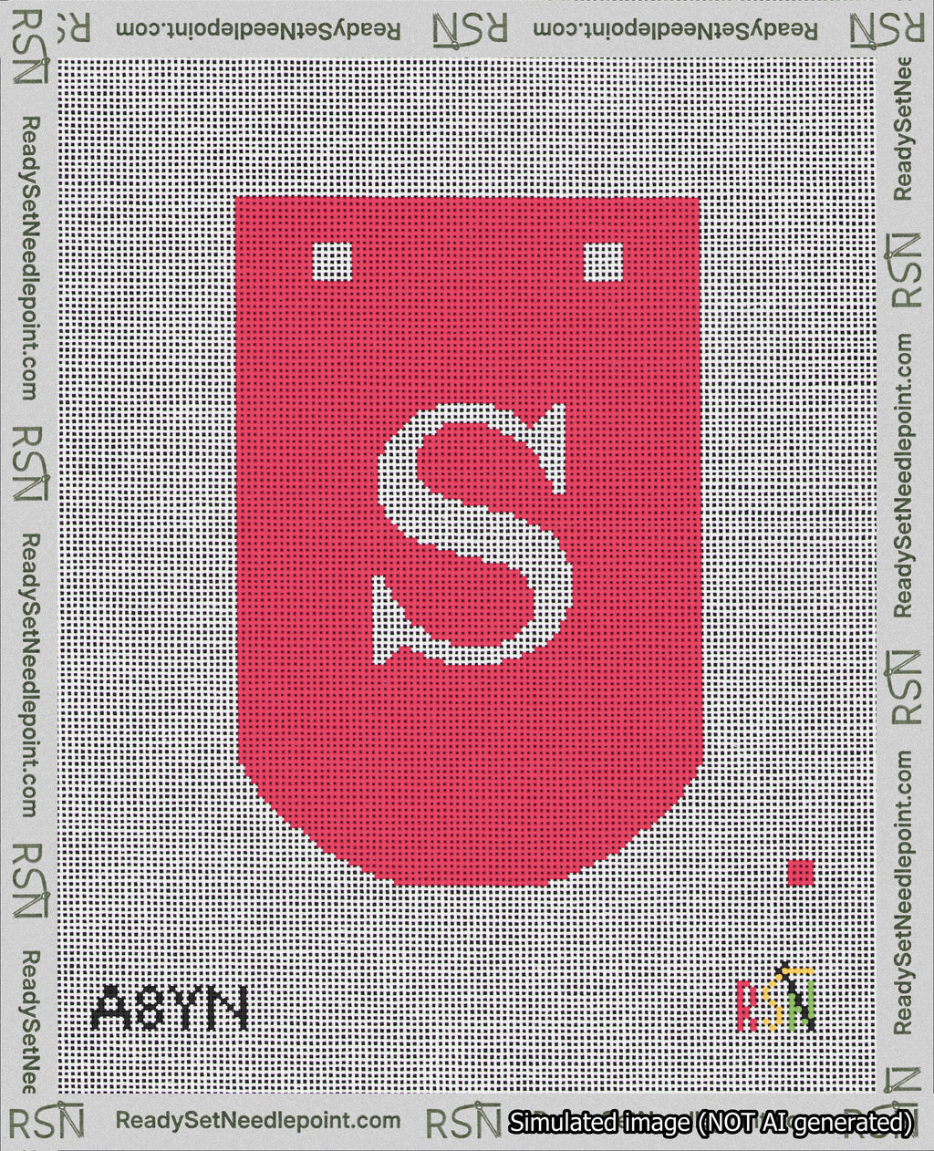 A taped needlepoint canvas with the design: Banner 18 mesh count Curved S White on Red.