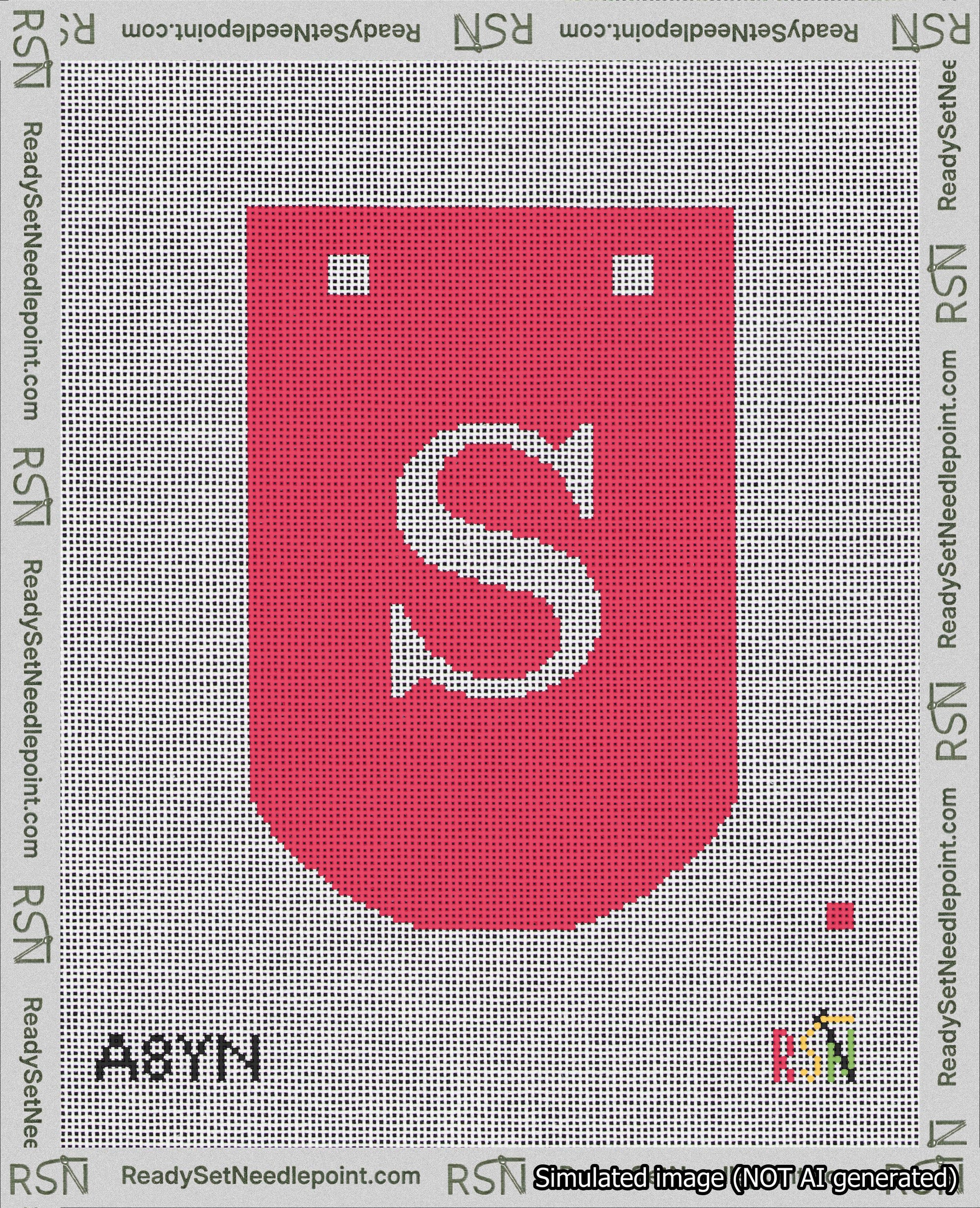 A taped needlepoint canvas with the design: Banner 18 mesh count Curved S White on Red.