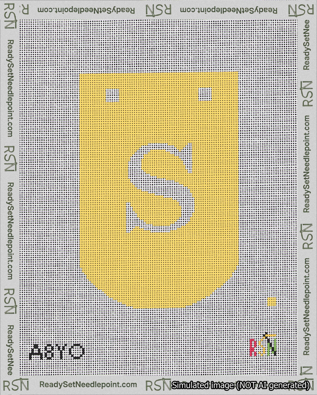 A taped needlepoint canvas with the design: Banner 18 mesh count Curved S White on Yellow.