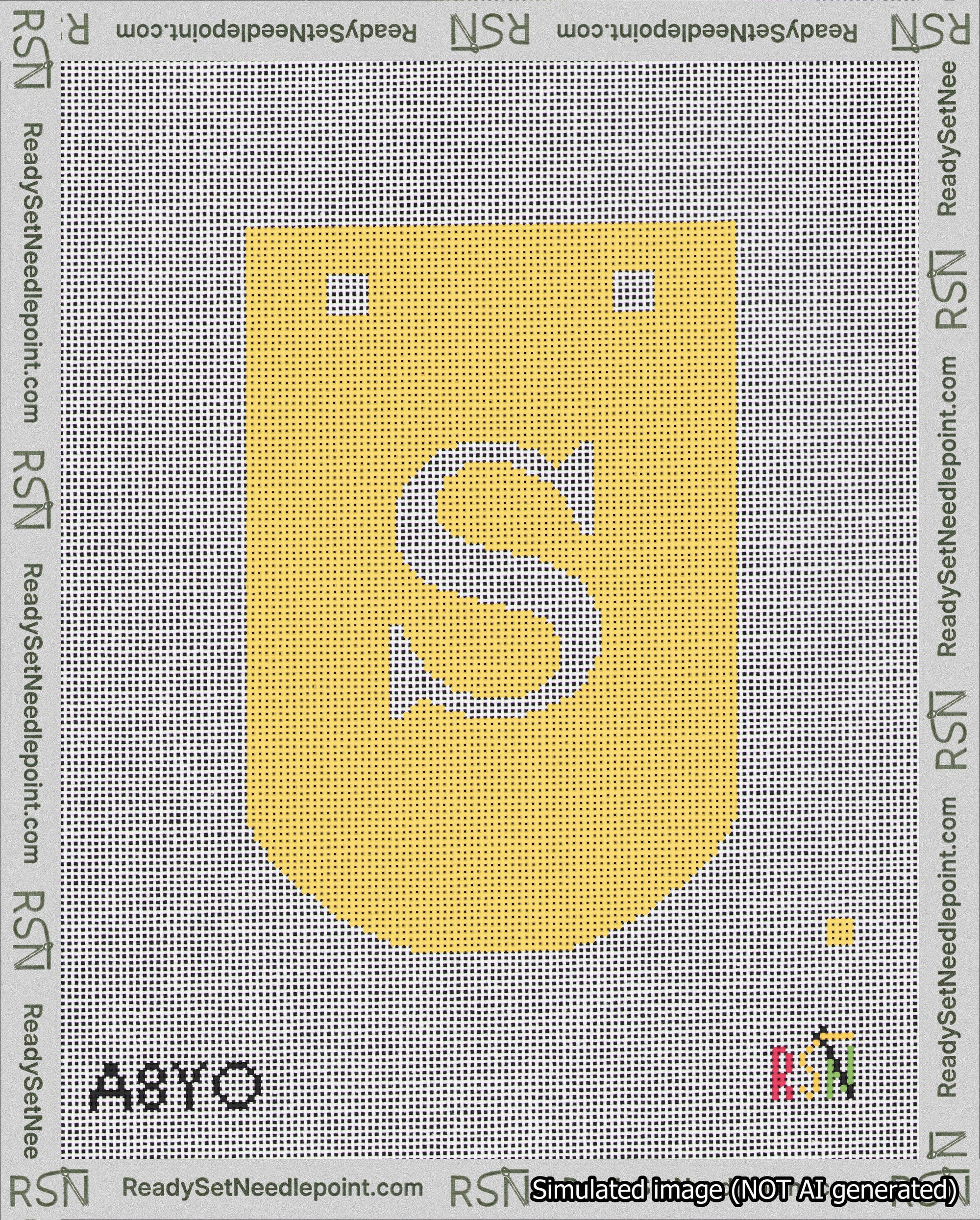 A taped needlepoint canvas with the design: Banner 18 mesh count Curved S White on Yellow.