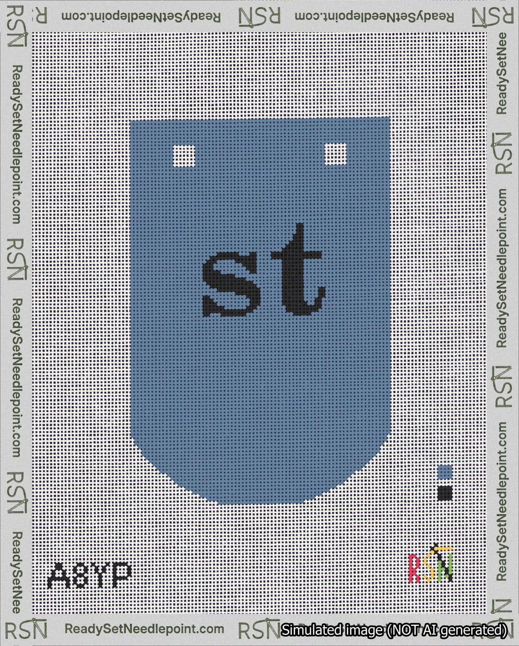 A taped needlepoint canvas with the design: Banner 18 mesh count Curved st Black on Blue.