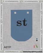 A taped needlepoint canvas with the design: Banner 18 mesh count Curved st Black on Blue.