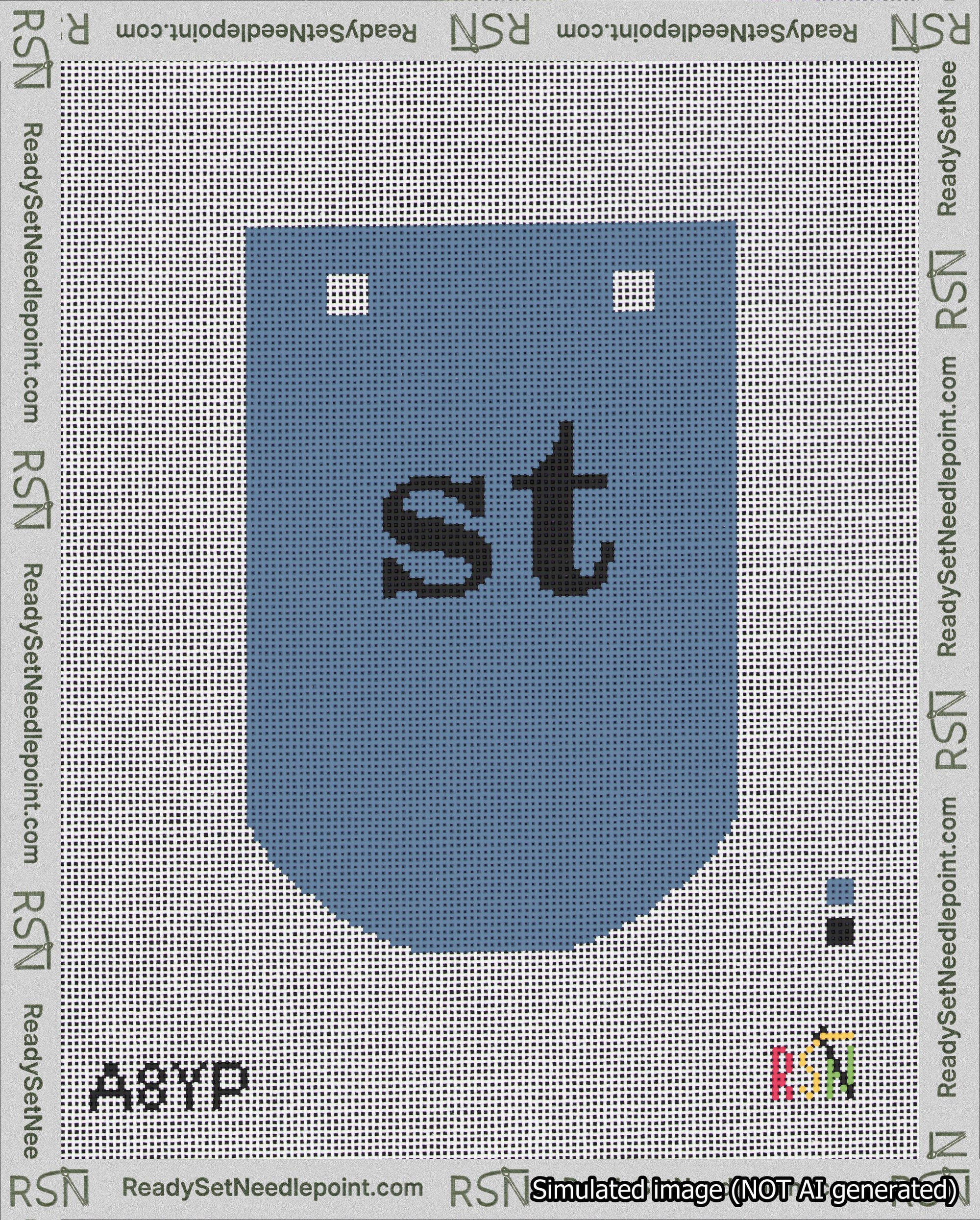 A taped needlepoint canvas with the design: Banner 18 mesh count Curved st Black on Blue.