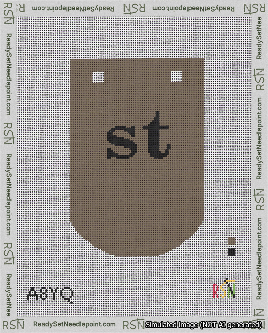 A taped needlepoint canvas with the design: Banner 18 mesh count Curved st Black on Brown.