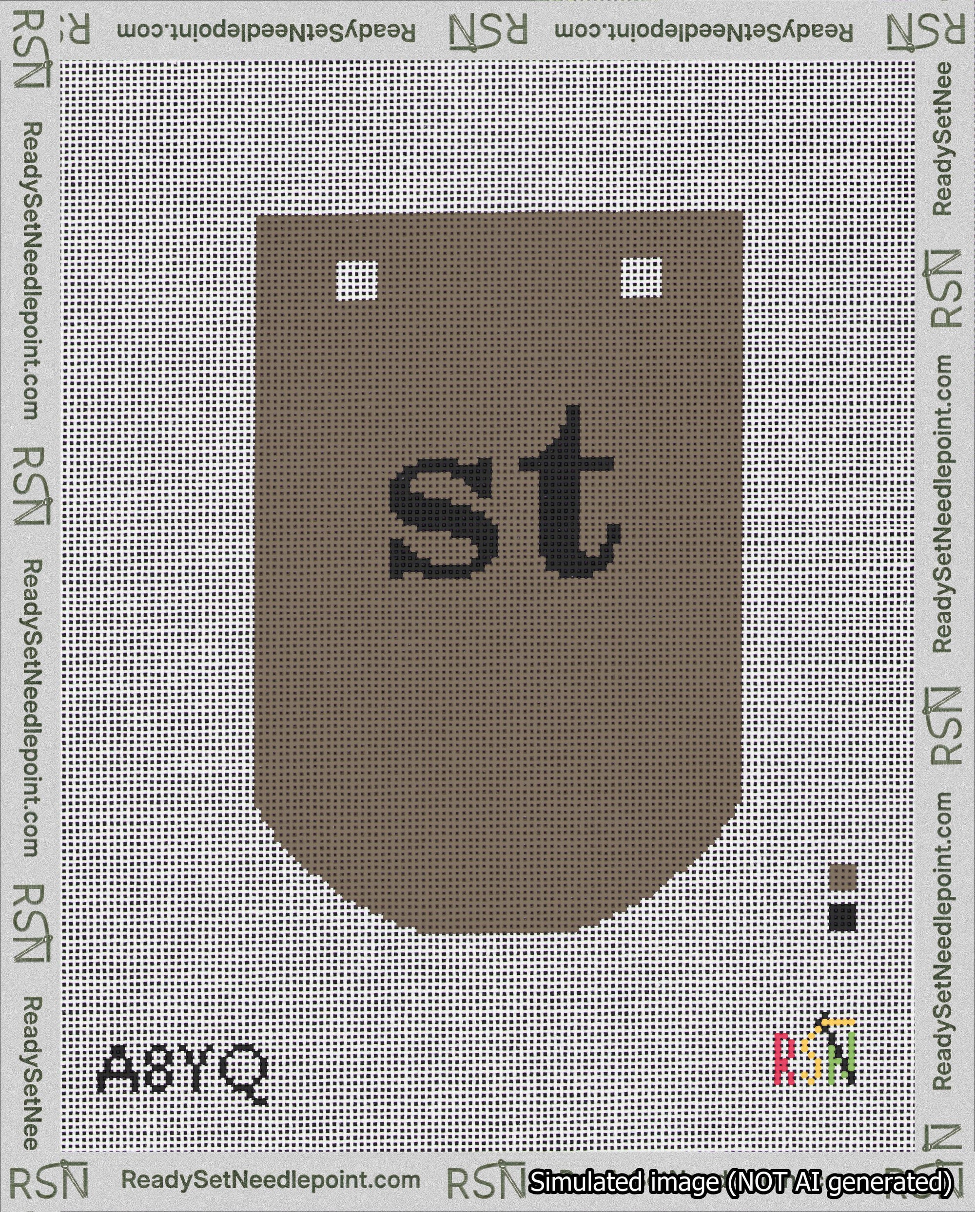 A taped needlepoint canvas with the design: Banner 18 mesh count Curved st Black on Brown.