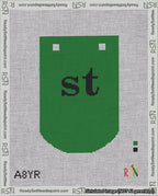 A taped needlepoint canvas with the design: Banner 18 mesh count Curved st Black on Green.