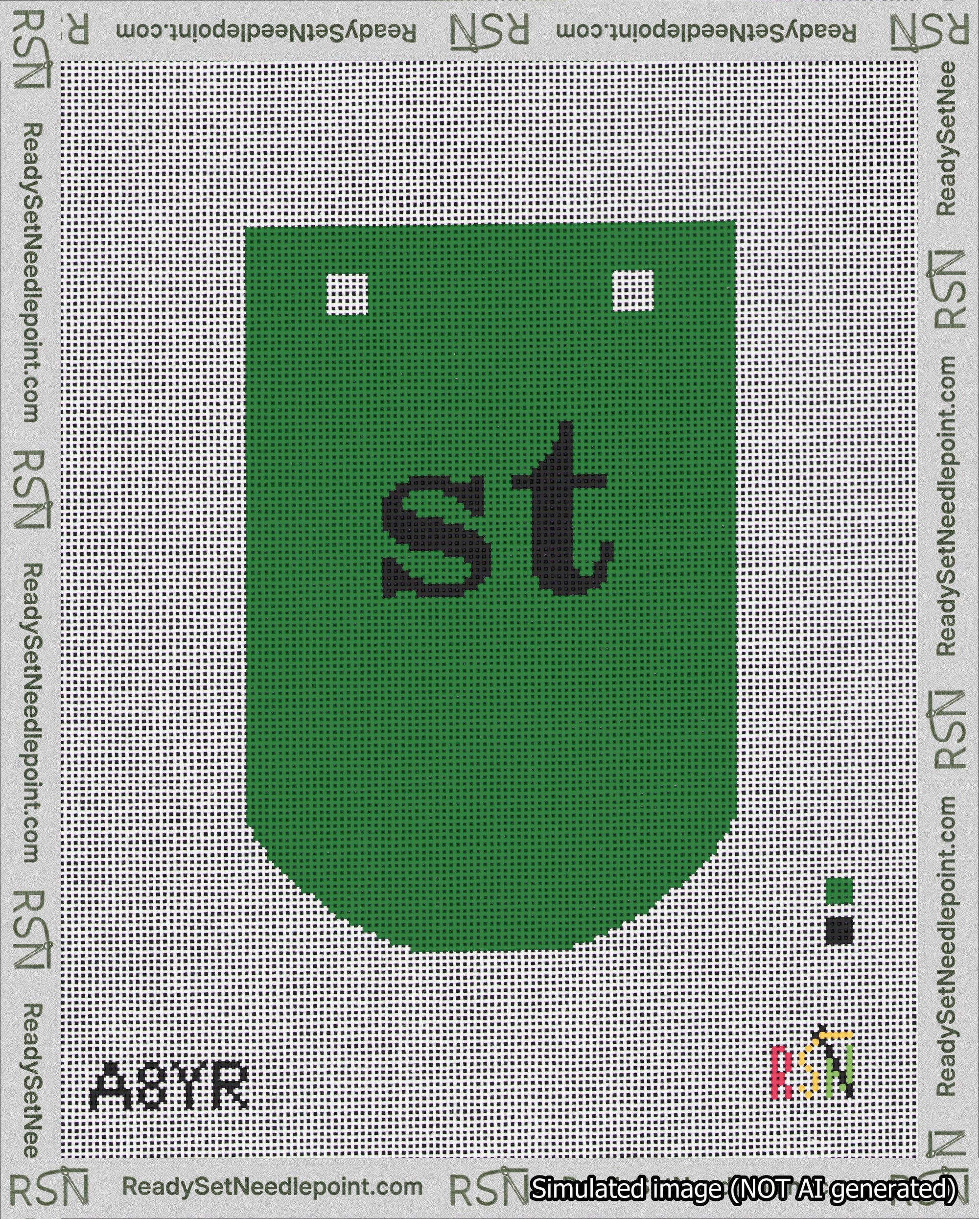 A taped needlepoint canvas with the design: Banner 18 mesh count Curved st Black on Green.