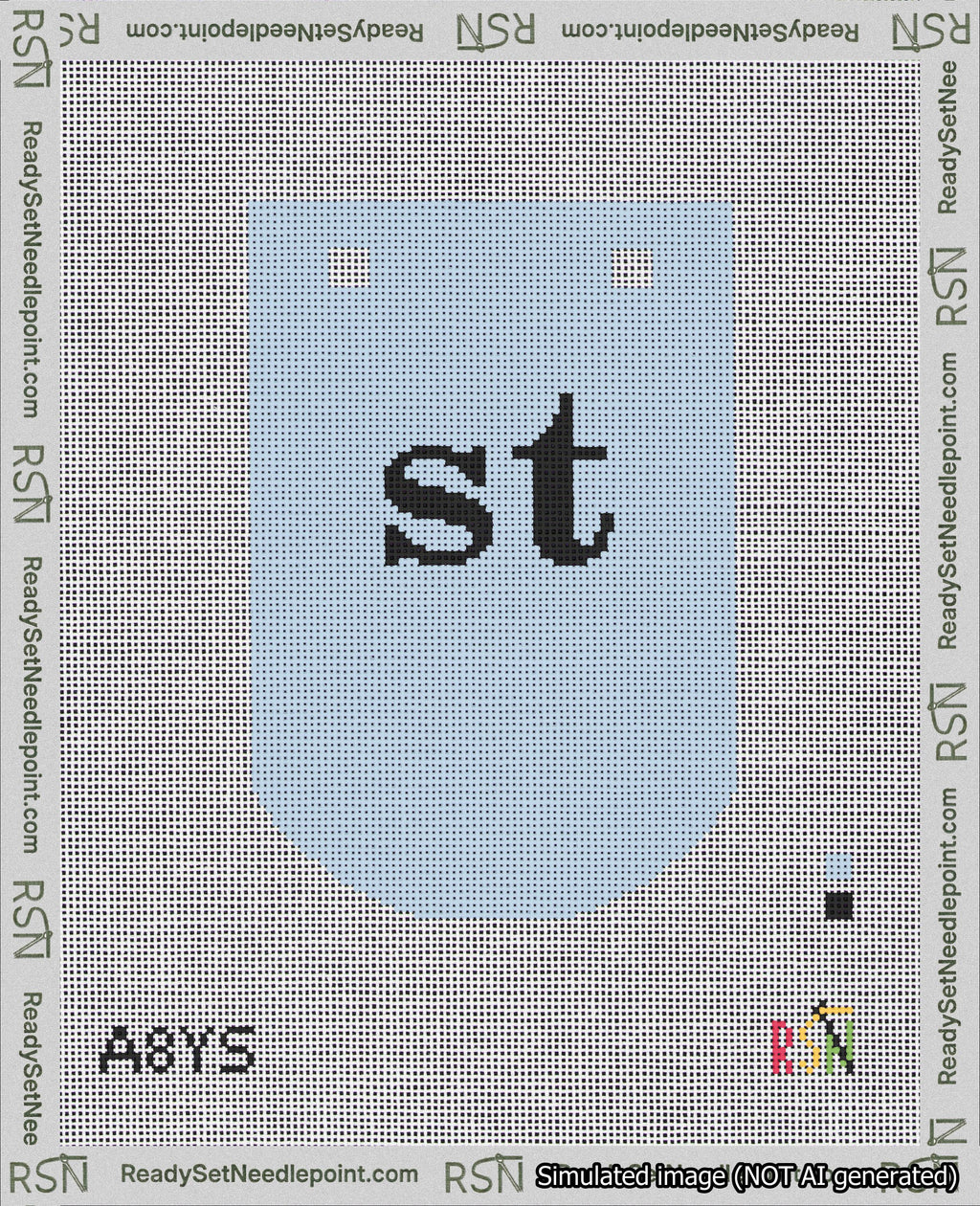A taped needlepoint canvas with the design: Banner 18 mesh count Curved st Black on Light Blue.