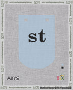 A taped needlepoint canvas with the design: Banner 18 mesh count Curved st Black on Light Blue.