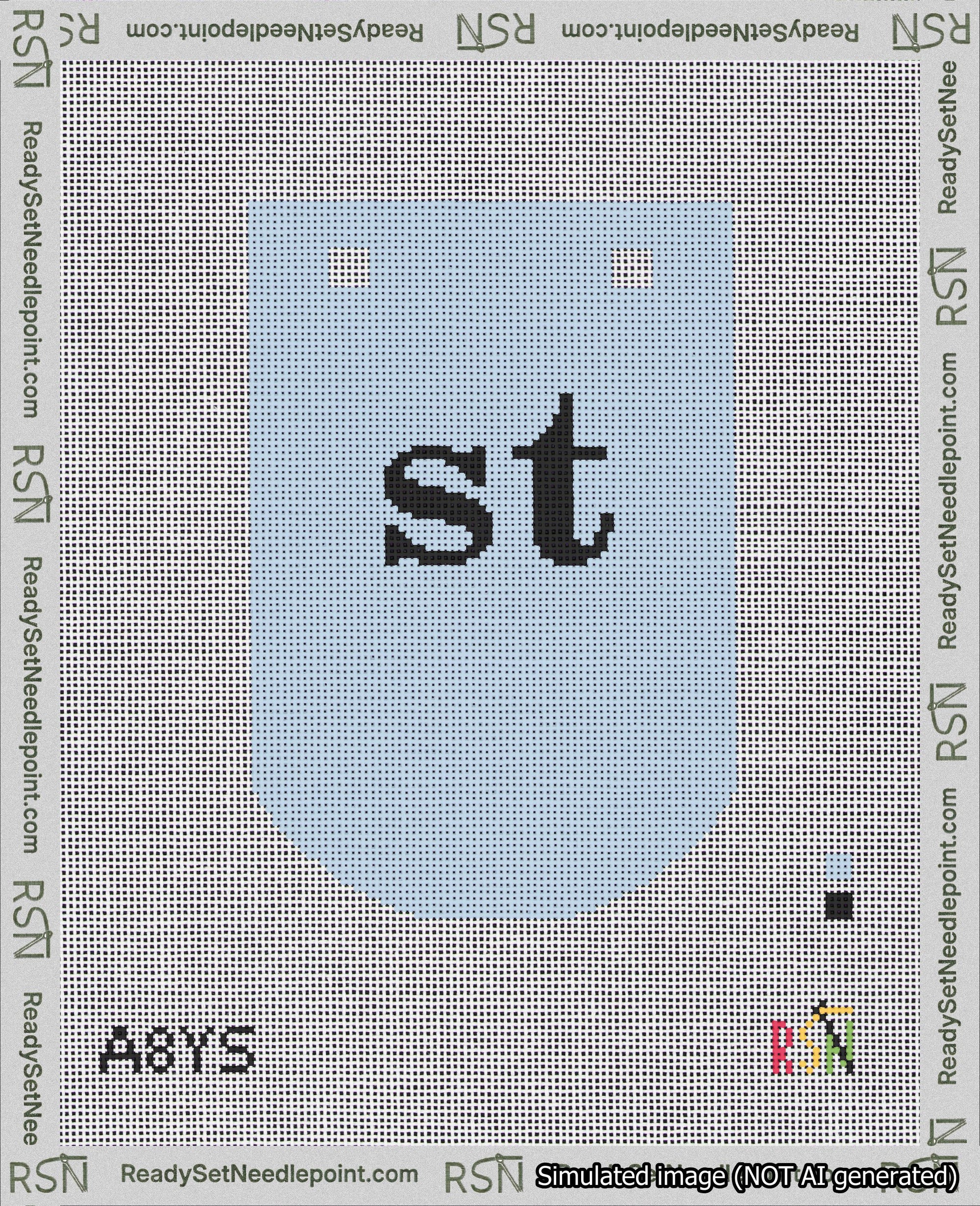 A taped needlepoint canvas with the design: Banner 18 mesh count Curved st Black on Light Blue.