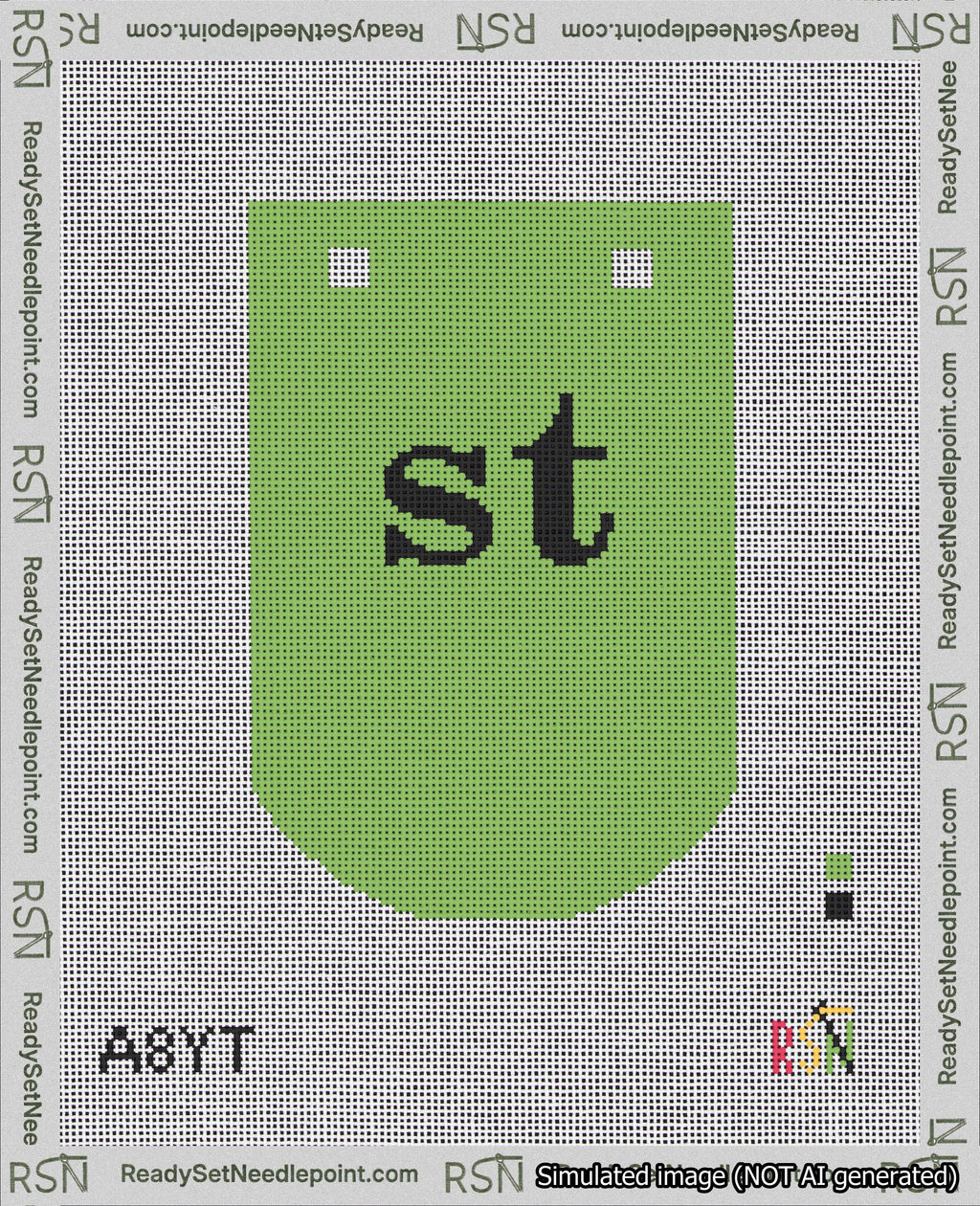 A taped needlepoint canvas with the design: Banner 18 mesh count Curved st Black on Light Green.