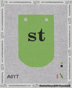 A taped needlepoint canvas with the design: Banner 18 mesh count Curved st Black on Light Green.