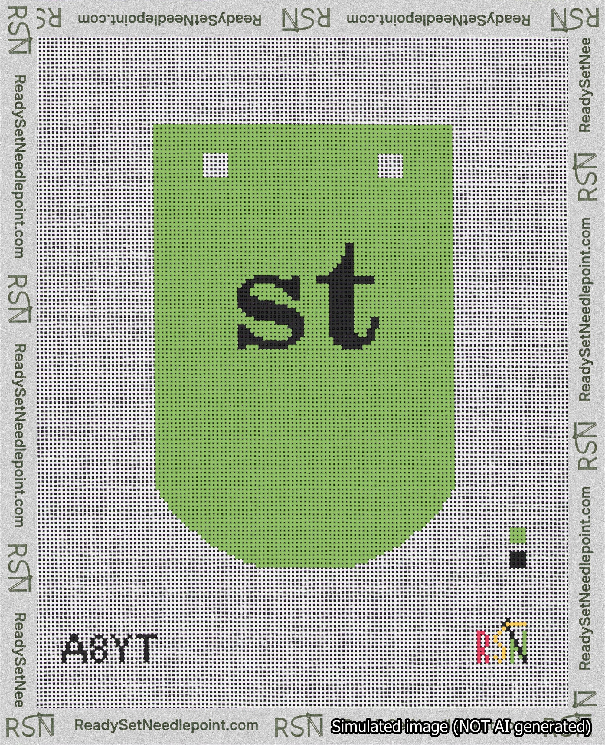 A taped needlepoint canvas with the design: Banner 18 mesh count Curved st Black on Light Green.