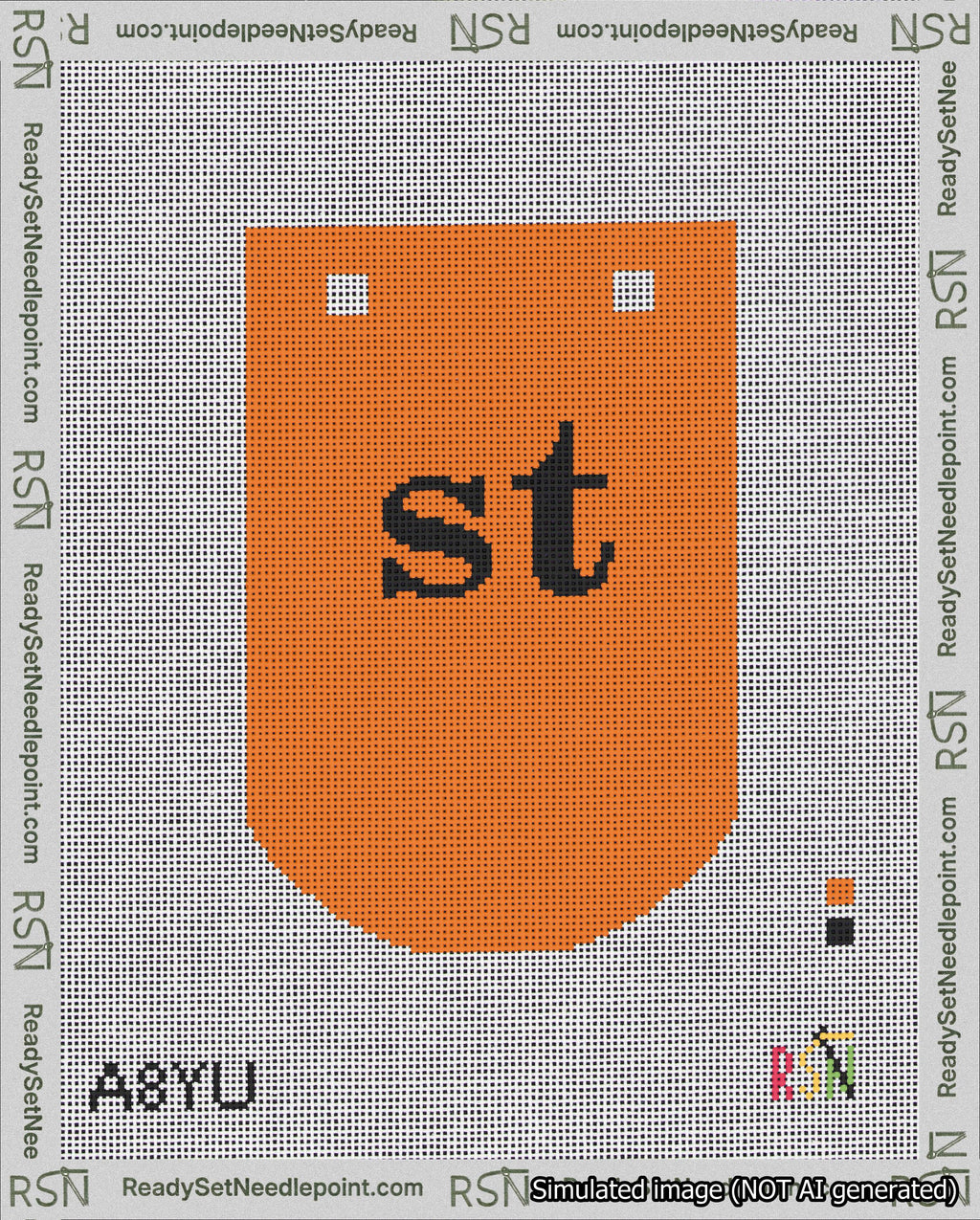 A taped needlepoint canvas with the design: Banner 18 mesh count Curved st Black on Orange.