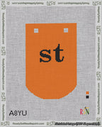 A taped needlepoint canvas with the design: Banner 18 mesh count Curved st Black on Orange.