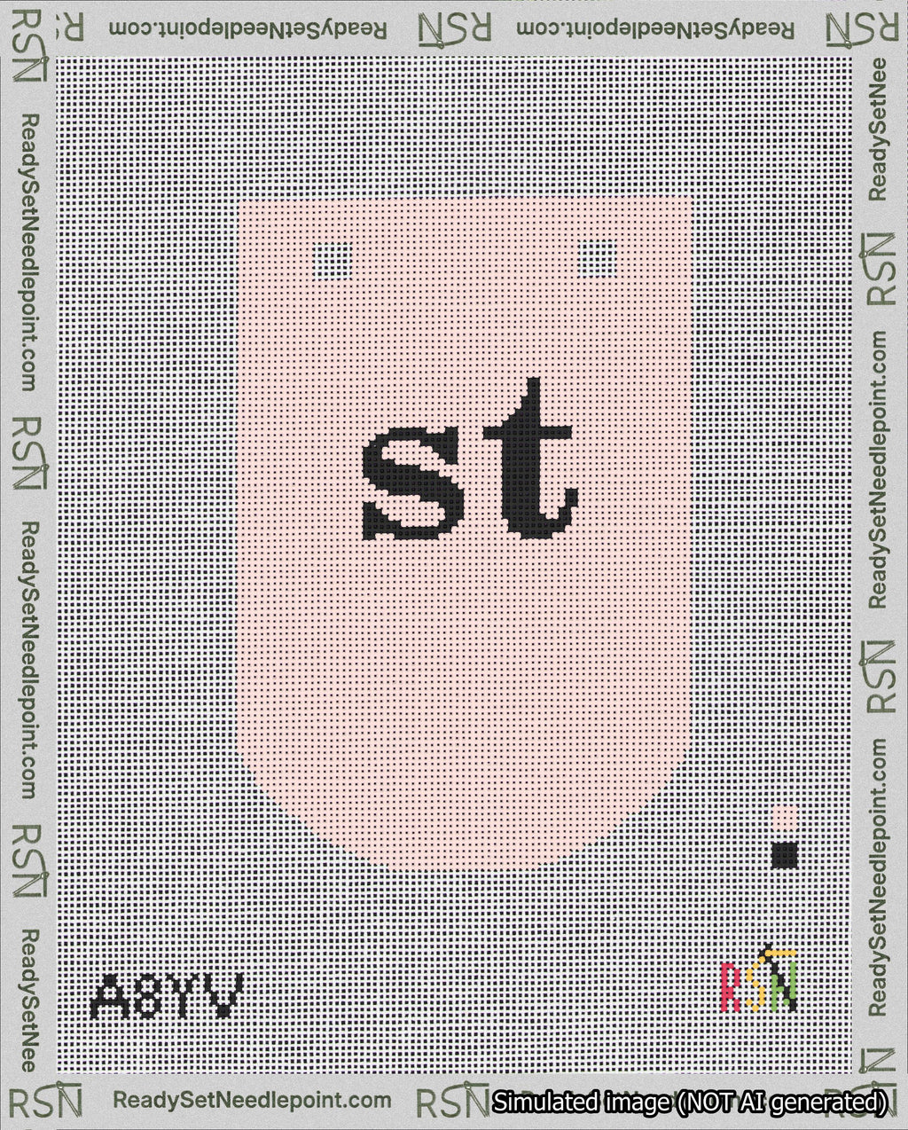 A taped needlepoint canvas with the design: Banner 18 mesh count Curved st Black on Pink.
