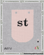 A taped needlepoint canvas with the design: Banner 18 mesh count Curved st Black on Pink.